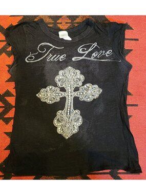Vintage True Love Womens Black Rhinestone Cross Graphic Tee  Size L